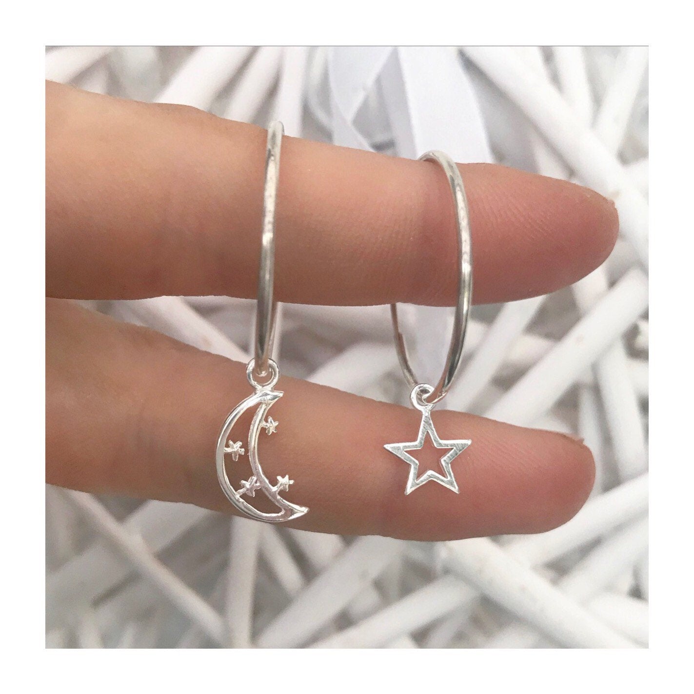 Moon & Stars Sterling Silver charm hoop earrings