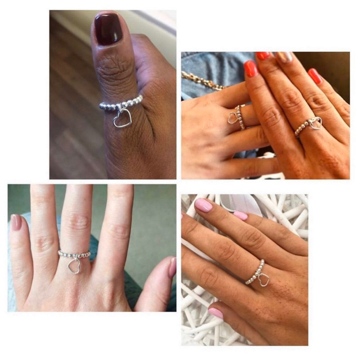 bohochic collage of customer shots wearing silver stacking heart charm ring