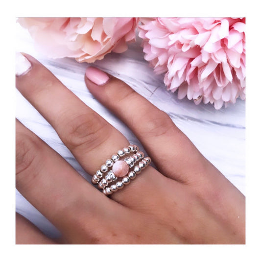 Pink Opal Sterling Silver 3 Ring Stack